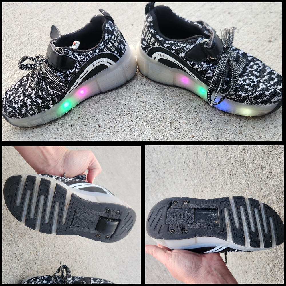 Yazi Kids Black and White LED Sneakers Wheel Skate Shoes. Kid Size 13